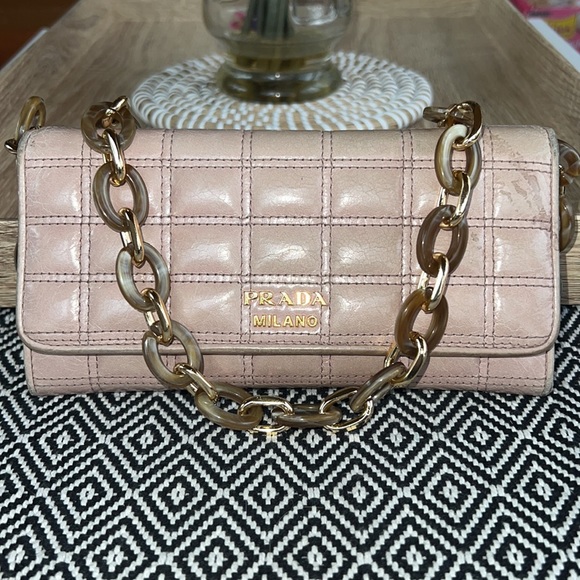 PRADA Long Wallet Card Case Purse Clutch Pink Quilted Acrylic Chain Authentic - Picture 2 of 14